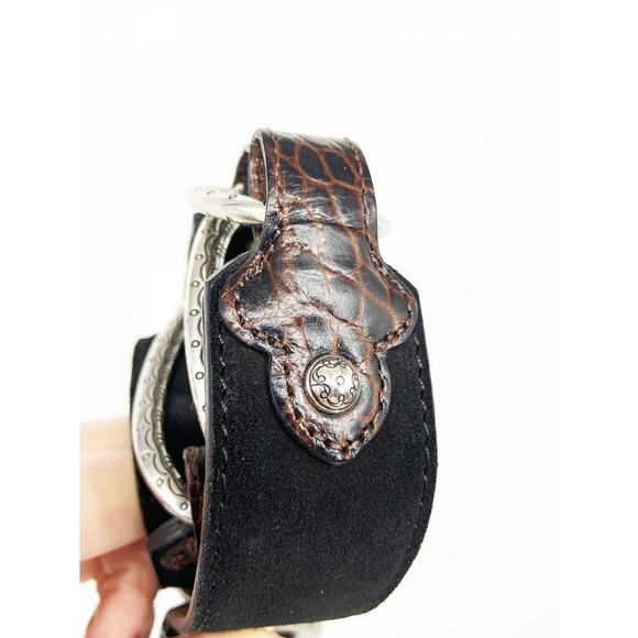 Brighton Black Suede Belt with 3 Silver Links and Embossed Accents Size 40 - Picture 2 of 7